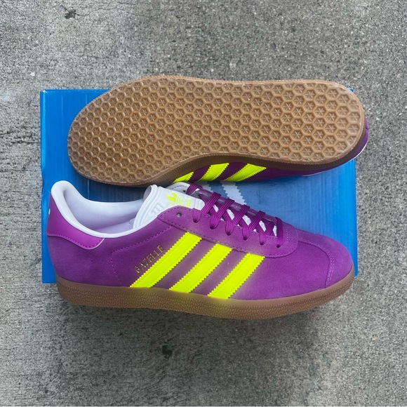 WMNS ADIDAS ORIGINALS GAZELLE PURPLE BURST NEON SOLAR YELLOW SHOES SNEAKERS - Picture 13 of 17